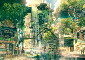 Scène de ville solarpunk.